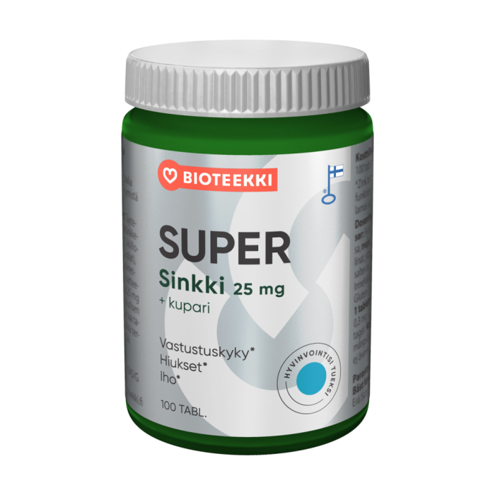 Bioteekin vahva ja hyvin imeytyvä kotimainen sinkkivalmiste Super Sinkki vastustuskyvylle, hormonitasapainolle sekä ihon, hiusten ja kynsien hyvinvointiin.                            
