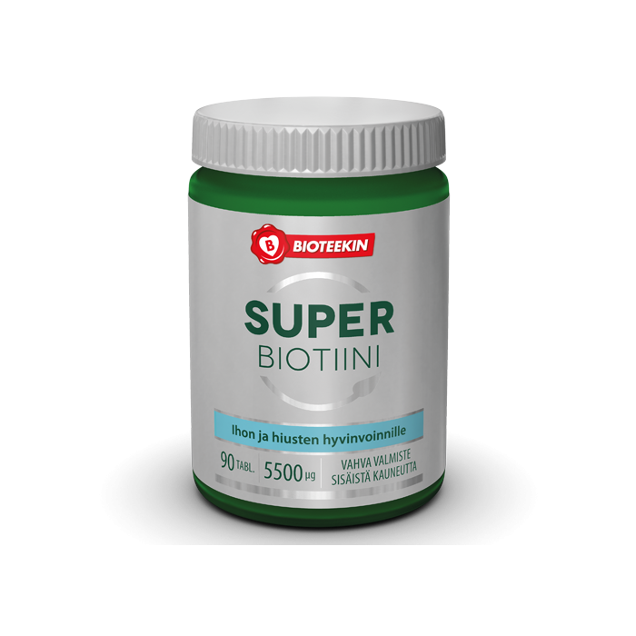 Bioteekin kotimainen Super Biotiini vahva ravintolisä iholle, hiuksille ja limakalvoille.                           