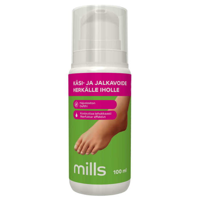 1000012347_Mills_kasi_ja_jalkavoide_herkalle_iholle_100_ml_pakkauskuva_Pakkauskuva16832_jpg