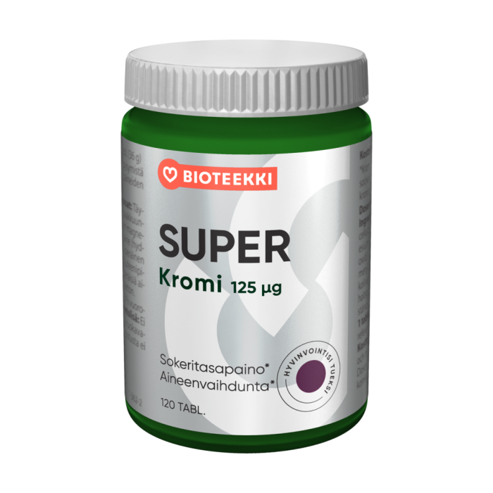 Bioteekin vahva kotimainen Super Kromi kromivalmiste, joka sisältää hyvin imeytyvää kromipikolinaattia.                            