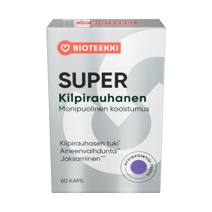 Bioteekin kotimainen monipuolinen ja vahva vitamiini-hivenaineyhdistelmä Super Kilpirauhanen ravintolisä kilpirauhasen hyvinvoinnille.                            